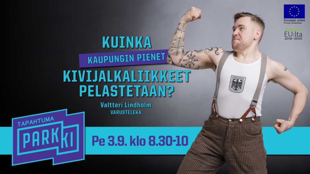 Varustelekan perustaja Valtteri Lindholm pitää parkin aamukahveilla puhuttelun kuinka kaupungin pienet kivijalkaliikkeet pelastetaan.